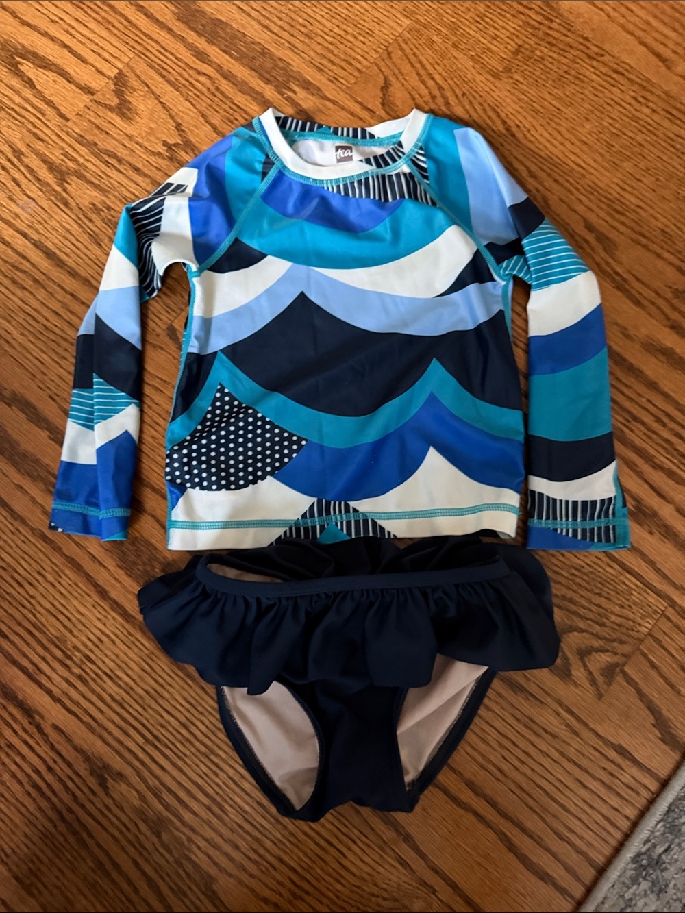 Girls Blue Teal Wave Long-Sleeve Rash Guard Swim Set with Ruffle Trim Bottom